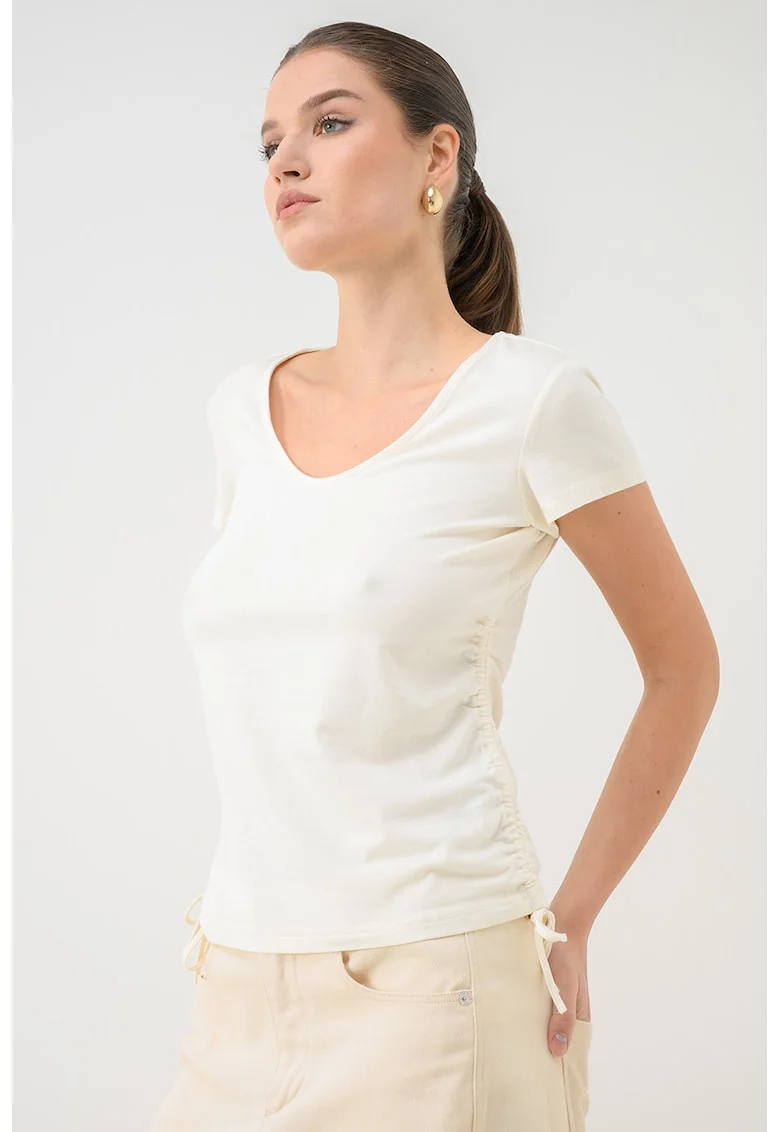 Tricou din amestec de modal cu decolteu patrat Mexia, Crem