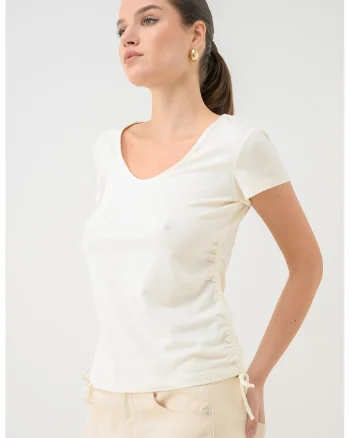 Tricou din amestec de modal cu decolteu patrat Mexia, Crem