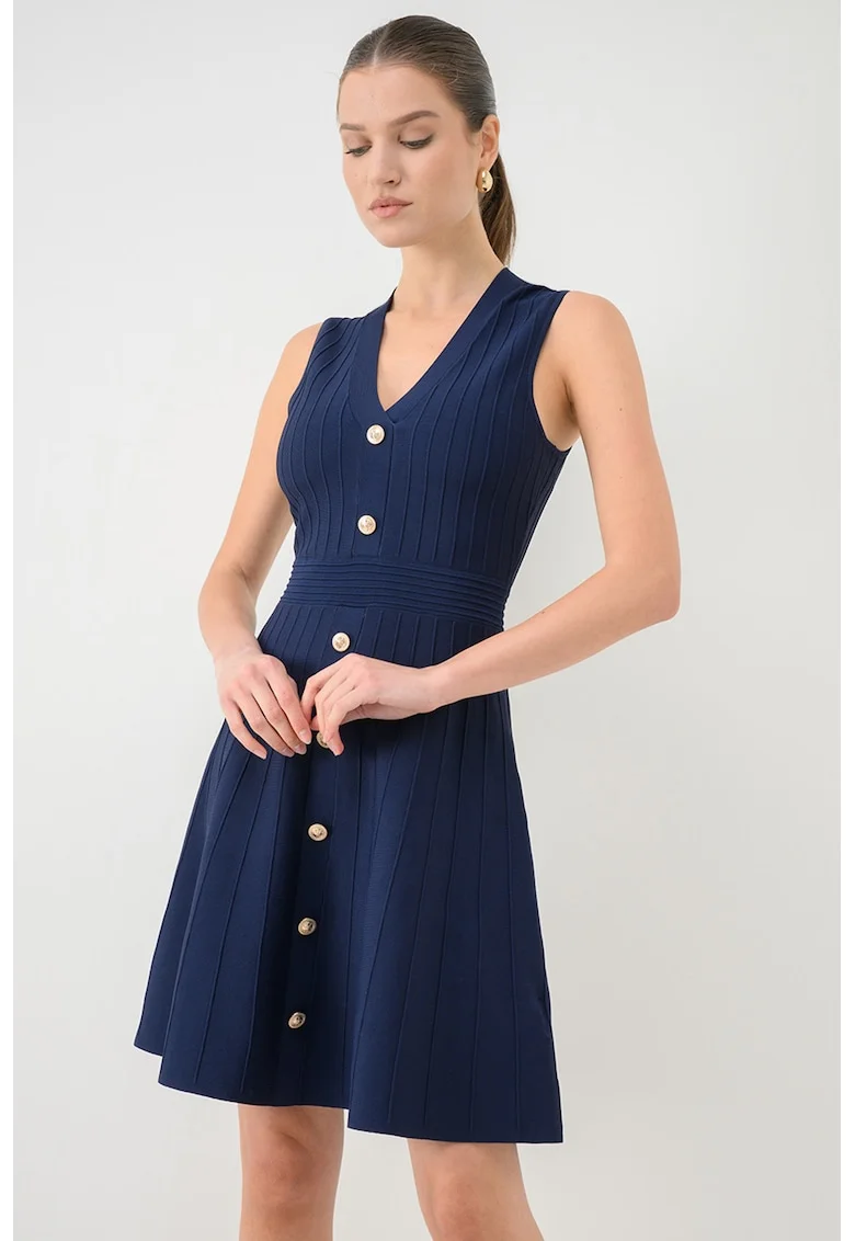 Rochie tricotata fin cu decolteu in V, Bleumarin