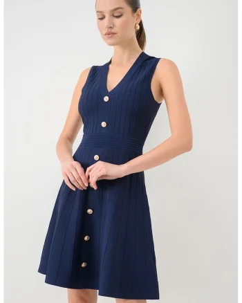 Rochie tricotata fin cu decolteu in V, Bleumarin