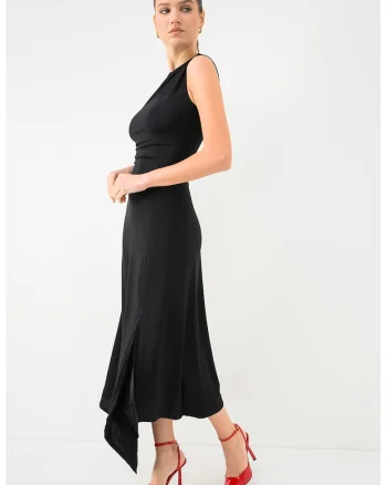 Rochie din amestec de lyocell cu slit lateral, Negru