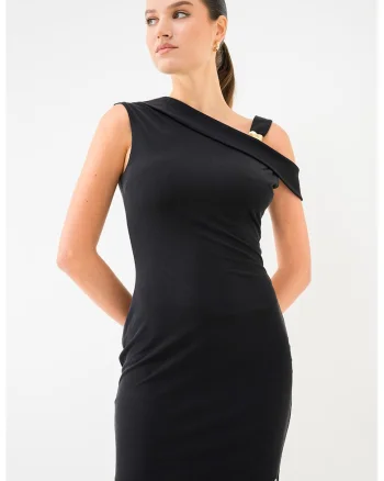 Rochie din amestec de modal cu decolteu pe un umar, Negru
