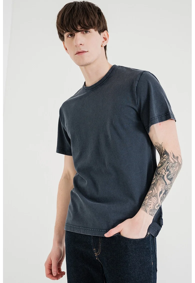 Tricou uni cu decolteu la baza gatului, Albastru inchis melange