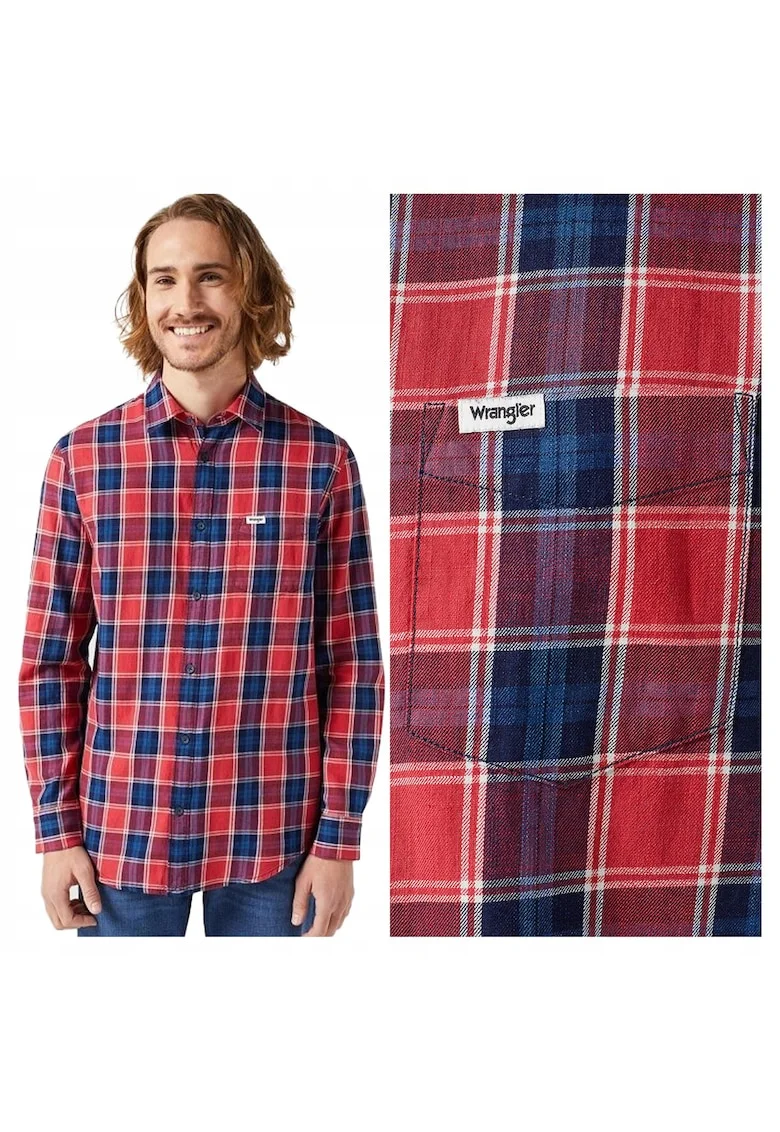 Camasa Barbati,  One Pocket Shirt, Regular Fit, Design Clasic, Maneci Lungi, Cu Guler, Cu Nasturi, Bumbac, S INTL, Rosu