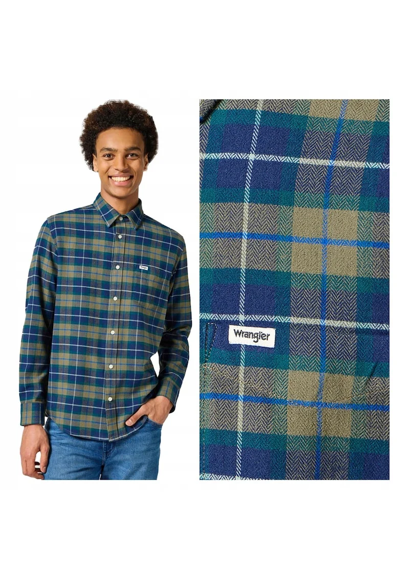 Camasa Barbati,  1PKT Flannel Shirt, Regular Fit, Design Clasic, Maneci Lungi, Cu Guler, Cu Nasturi, Bumbac, Verde