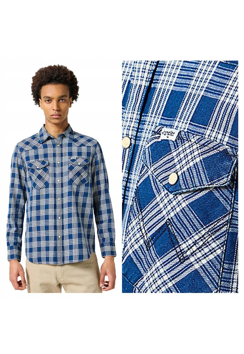 Camasa Barbati,  Western Indigo Shirt, Regular Fit, Design Clasic, Maneci Lungi, Cu Guler, Cu Nasturi, Bumbac, Albastru, Albastru