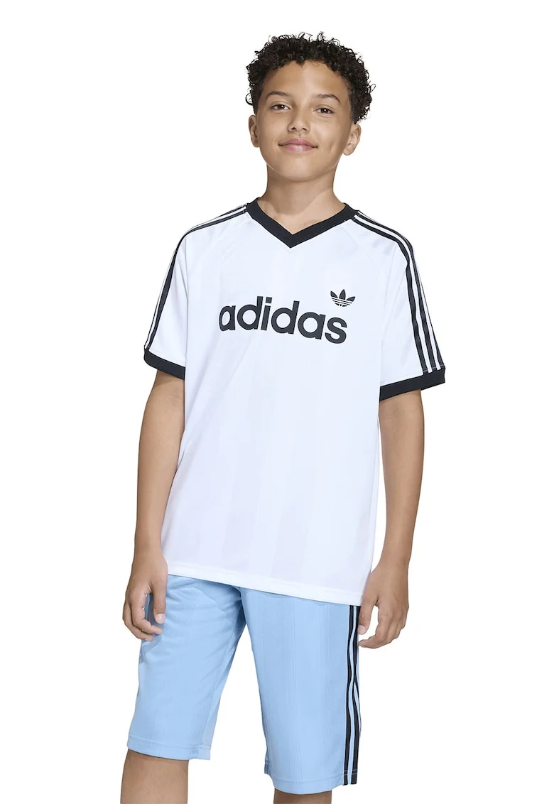 Tricou cu imprimeu logo si decolteu in V, Alb/Gri carbune