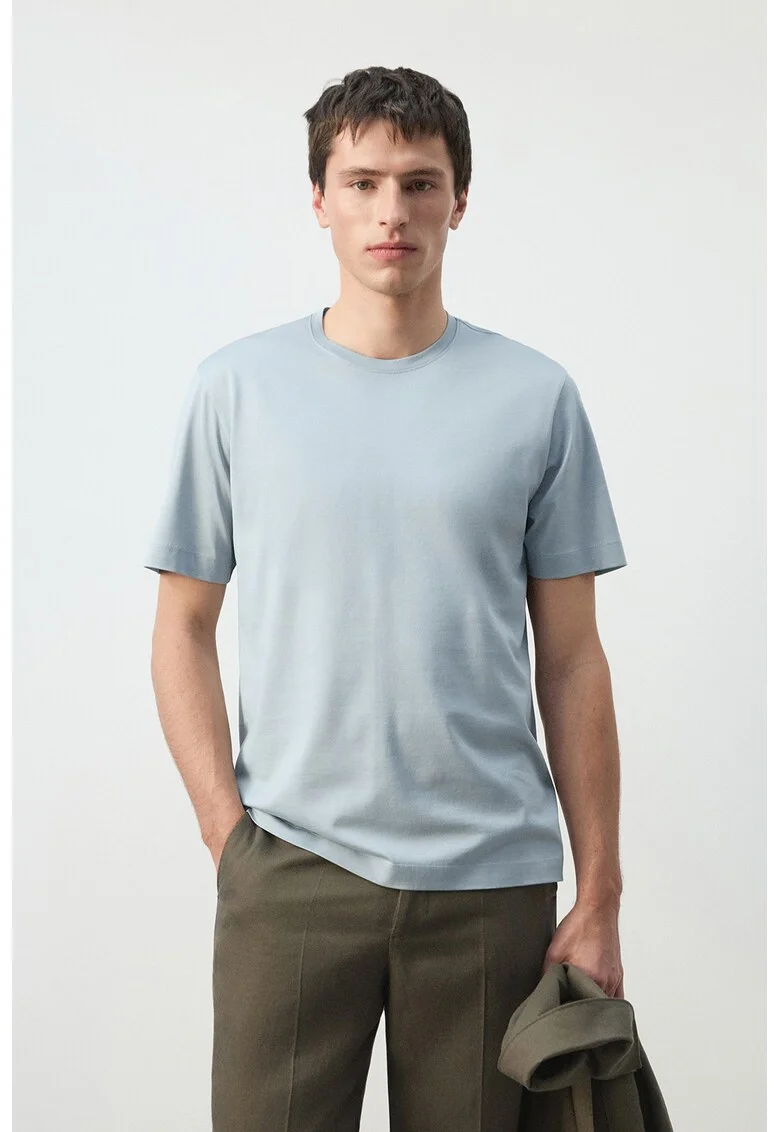 Tricou din bumbac cu decolteu la baza gatului, Albastru deschis