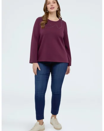 Bluza cu decolteu rotund si strasuri, Violet tyrian
