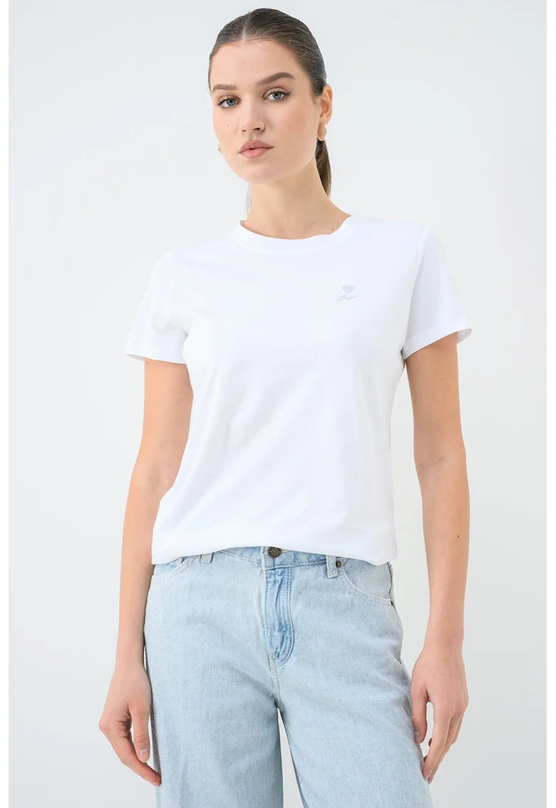 Tricou de bumbac cu decolteu la baza gatului, Alb optic