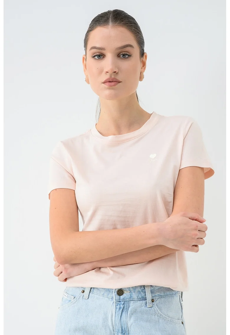 Tricou de bumbac cu decolteu la baza gatului, Piersica