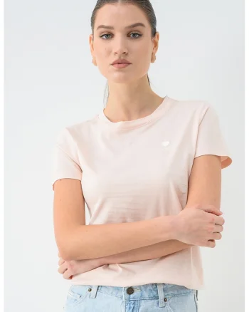 Tricou de bumbac cu decolteu la baza gatului, Piersica