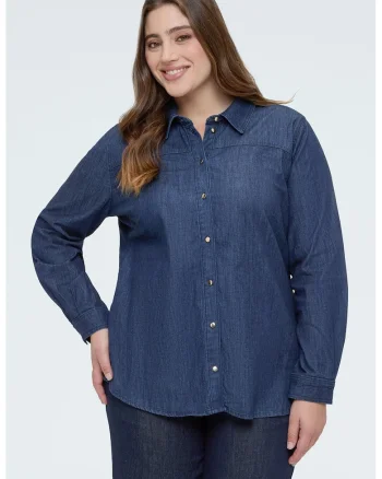 Camasa din denim cu funda din panglici, Albastru inchis