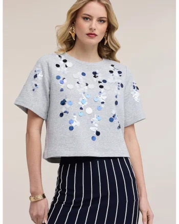 Tricou cu aplicatii de paiete, Gri deschis/Albastru ultramarin/Bleumarin