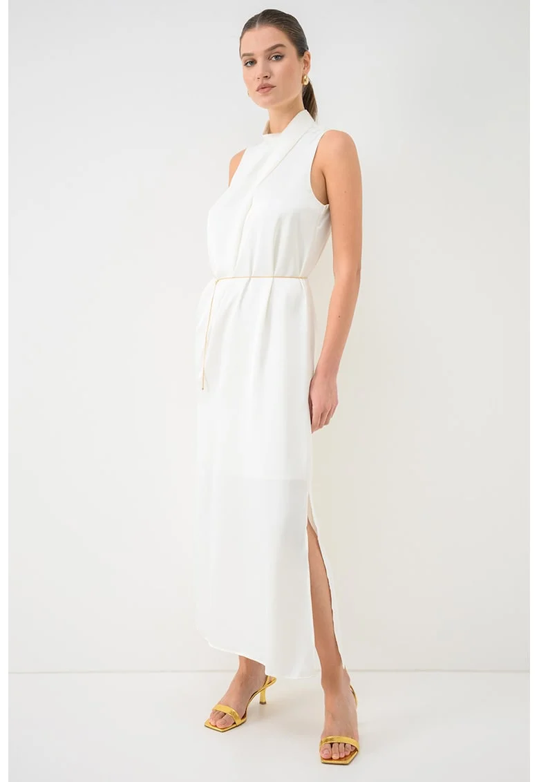 Rochie maxi fara maneci cu lant in talie, Galben pal