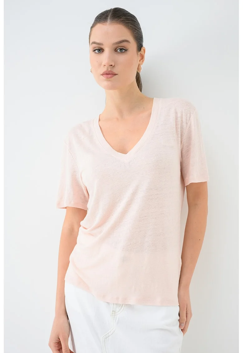 Tricou din in cu decolteu in V Ela, Bej deschis