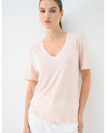 Tricou din in cu decolteu in V Ela, Bej deschis