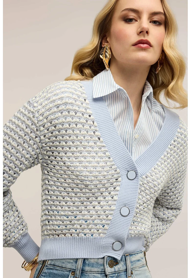 Cardigan crop cu perforatii, Albastru pal/Bej deschis