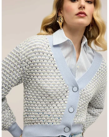 Cardigan crop cu perforatii, Albastru pal/Bej deschis
