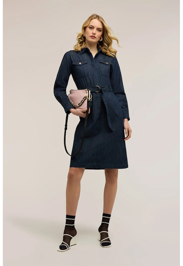 Rochie-camasa din denim cu cordon asortat, Albastru ultramarin