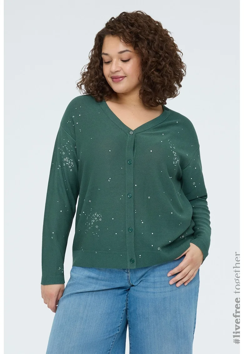 Cardigan cu decolteu in V si detaliu floral, Verde englez