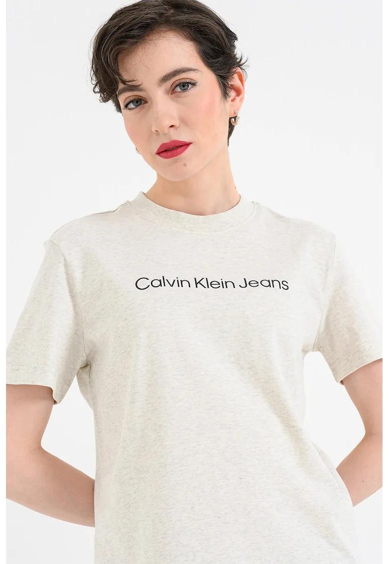 Tricou de bumbac cu logo, Bej melange