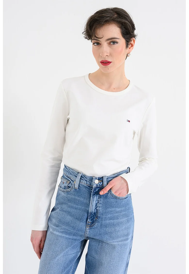 Bluza slim fit cu logo discret, Alb
