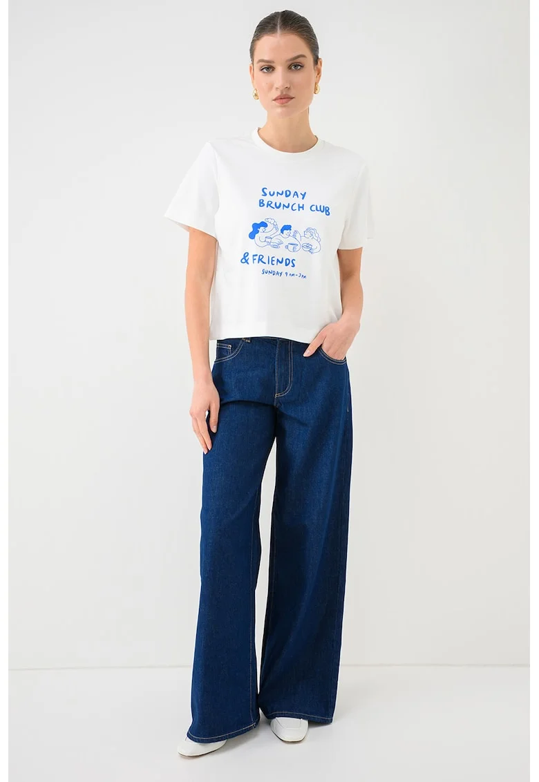 Tricou de bumbac organic cu imprimeu, Alb/Albastru inchis