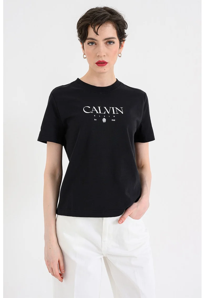 Tricou de bumbac cu imprimeu logo, Alb/Negru