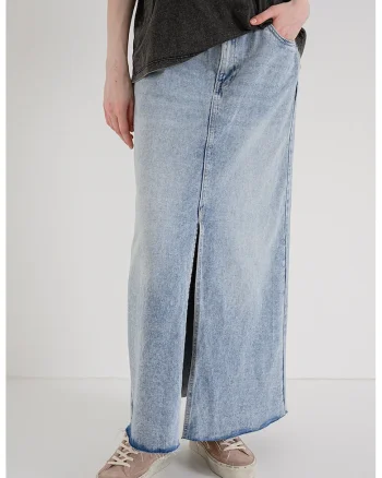 Fusta maxi din denim cu slit, Albastru melange