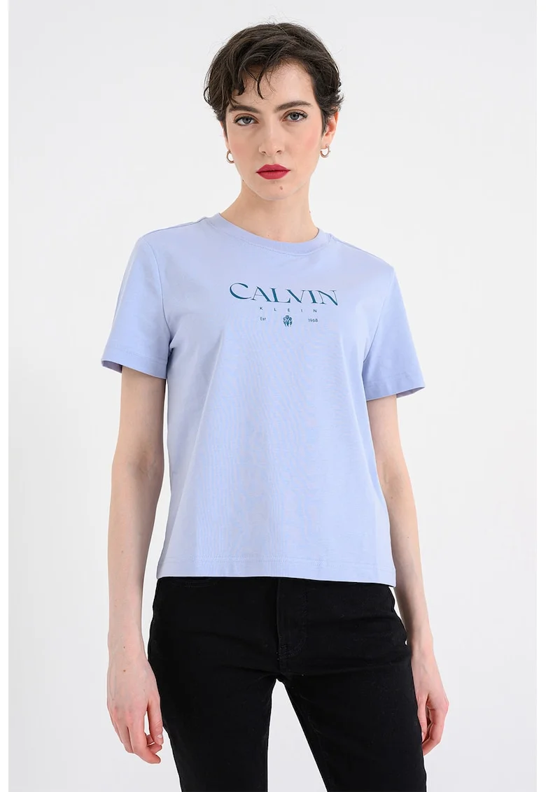 Tricou de bumbac cu imprimeu logo, Albastru lavanda