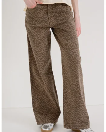 Blugi cu croiala ampla si animal print, Negru/Maro camel