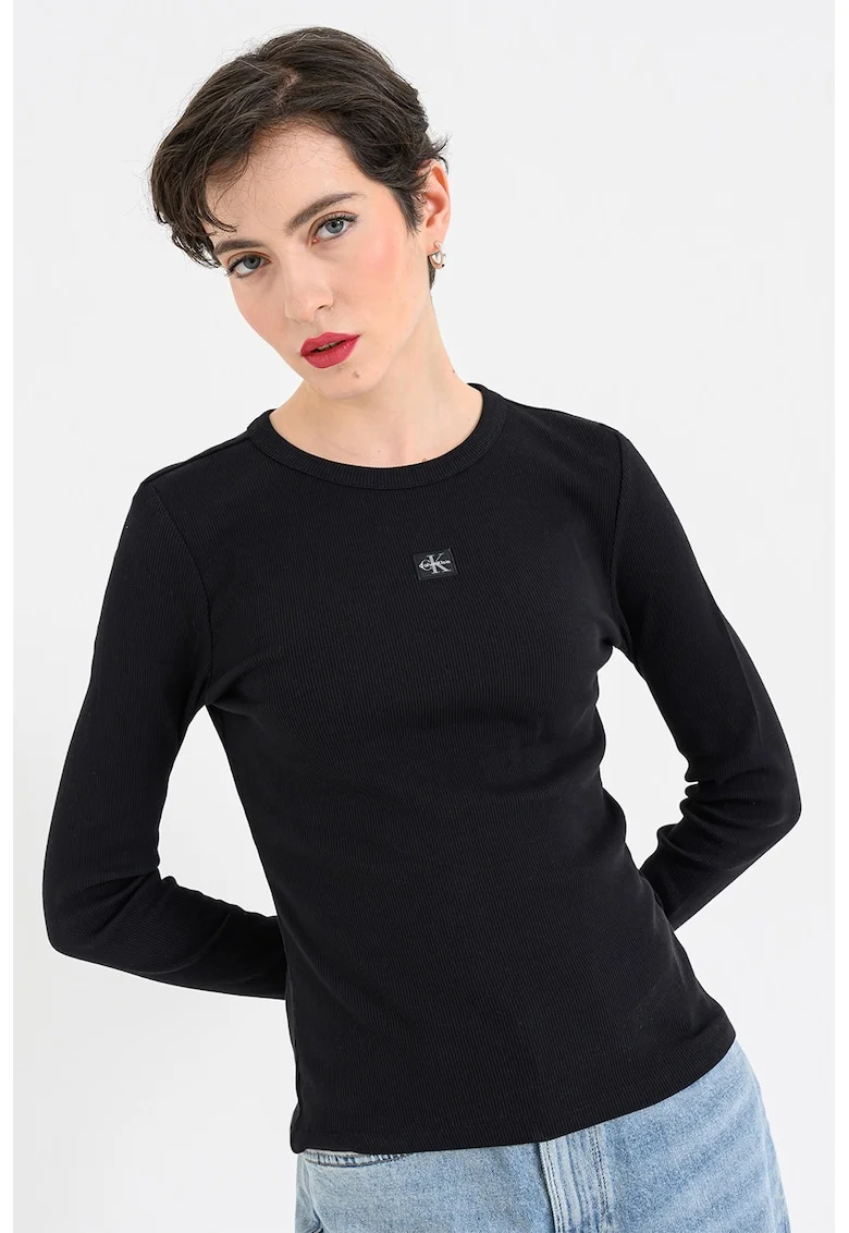 Bluza slim fit cu striatii si aplicatie logo discreta, Negru