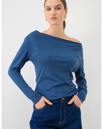 Bluza slim fit cu decolteu drapat, Albastru petrol