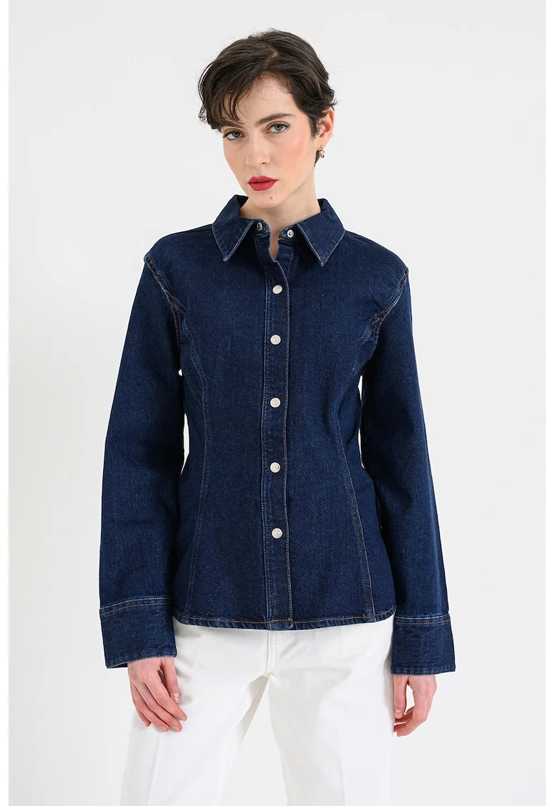 Camasa de denim cu nasturi metalici, Albastru inchis