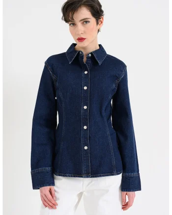 Camasa de denim cu nasturi metalici, Albastru inchis