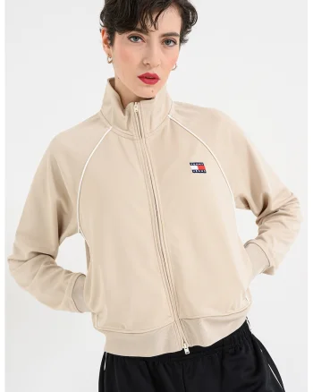 Bluza de trening cu fermoar si logo, Alb/Bej deschis