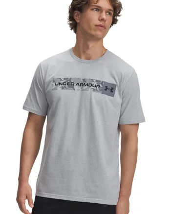 Tricou cu decolteu la baza gatului si imprimeu logo cu camuflaj, Gri deschis/Negru stins