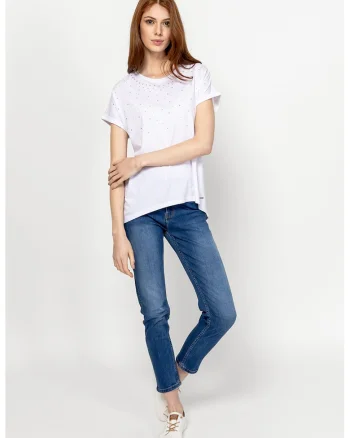 Tricou asimetric din amestec de modal cu aplicatie cu strasuri, Alb optic