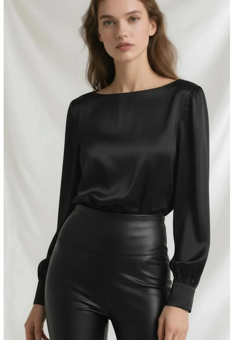 Bluza din amestec de matase cu decolteu barcuta Luna, Negru