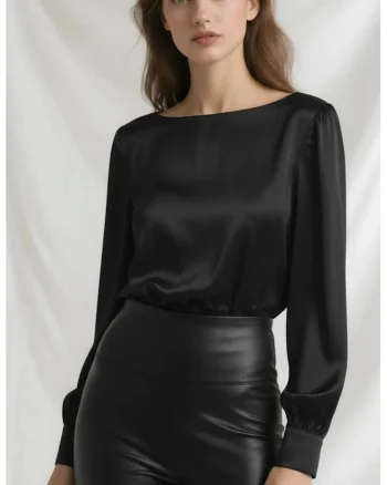 Bluza din amestec de matase cu decolteu barcuta Luna, Negru