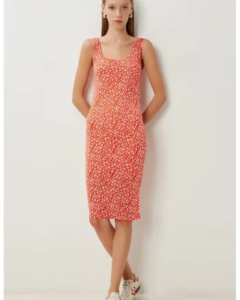 Rochie Midi, Happiness Istanbul, Imprimeu Floral, Portocalie, Tricot, Portocaliu deschis