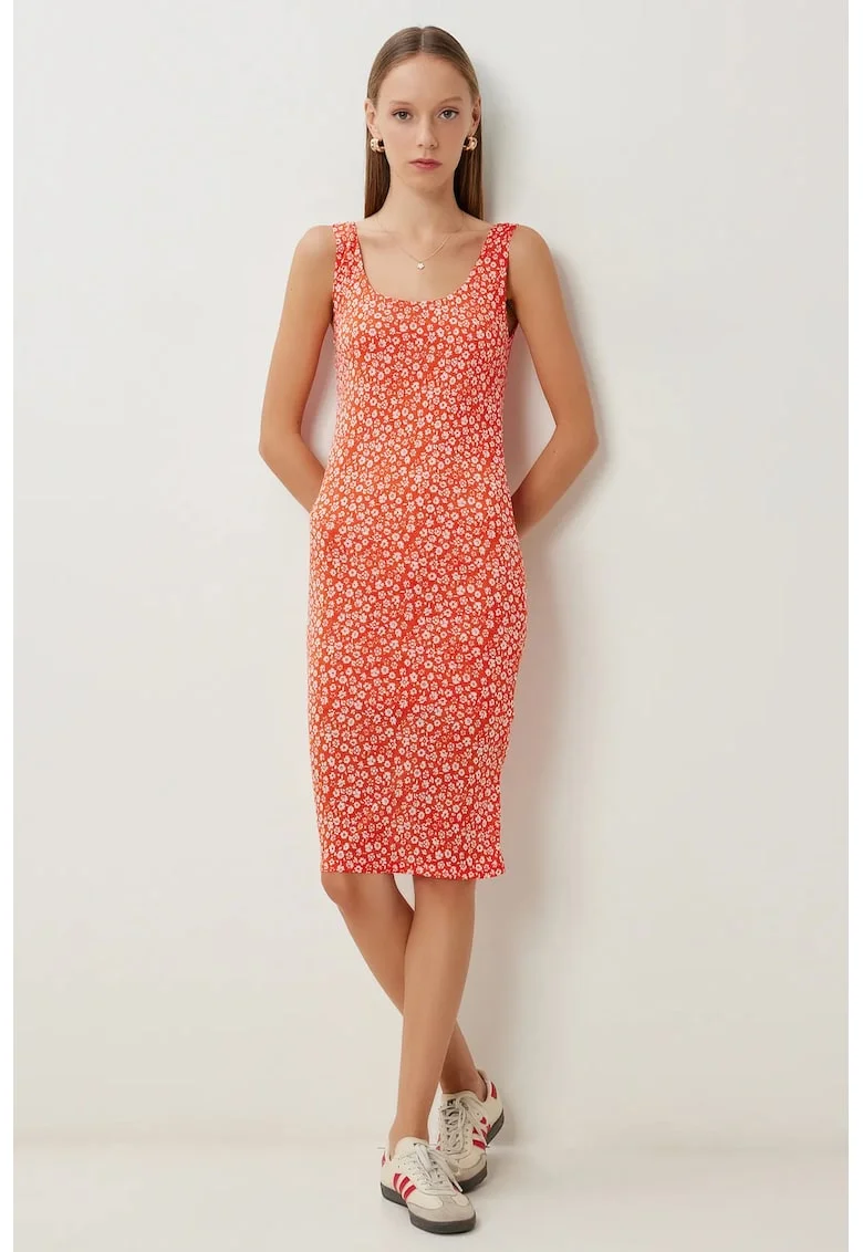 Rochie Midi, Happiness Istanbul, Imprimeu Floral, Portocalie, Tricot, Portocaliu