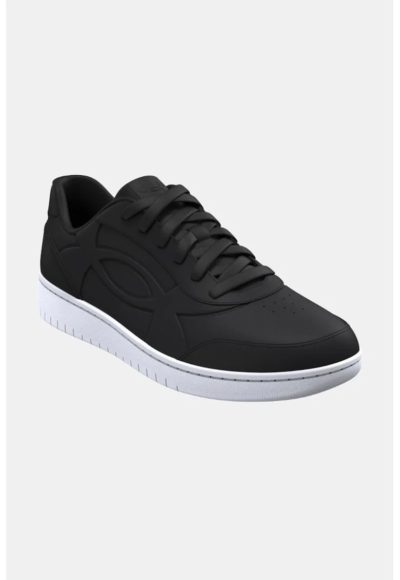 Pantofi sport de piele si piele ecologica cu logo in relief, Negru