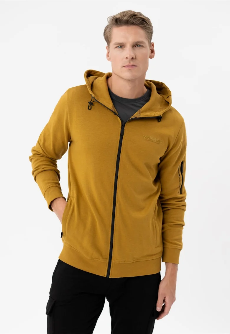 Hanorac cu gluga din bumbac, cu fermoar, buzunare, buzunar de umar, uni, Regular Fit,  B-Piter, galben, Galben