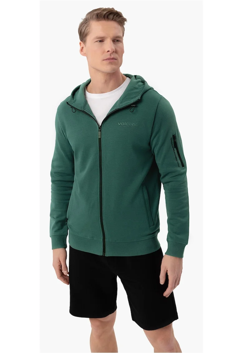 Hanorac cu gluga din bumbac, cu fermoar, buzunare, buzunar de umar, uni, Regular Fit,  B-Piter, verde, Verde