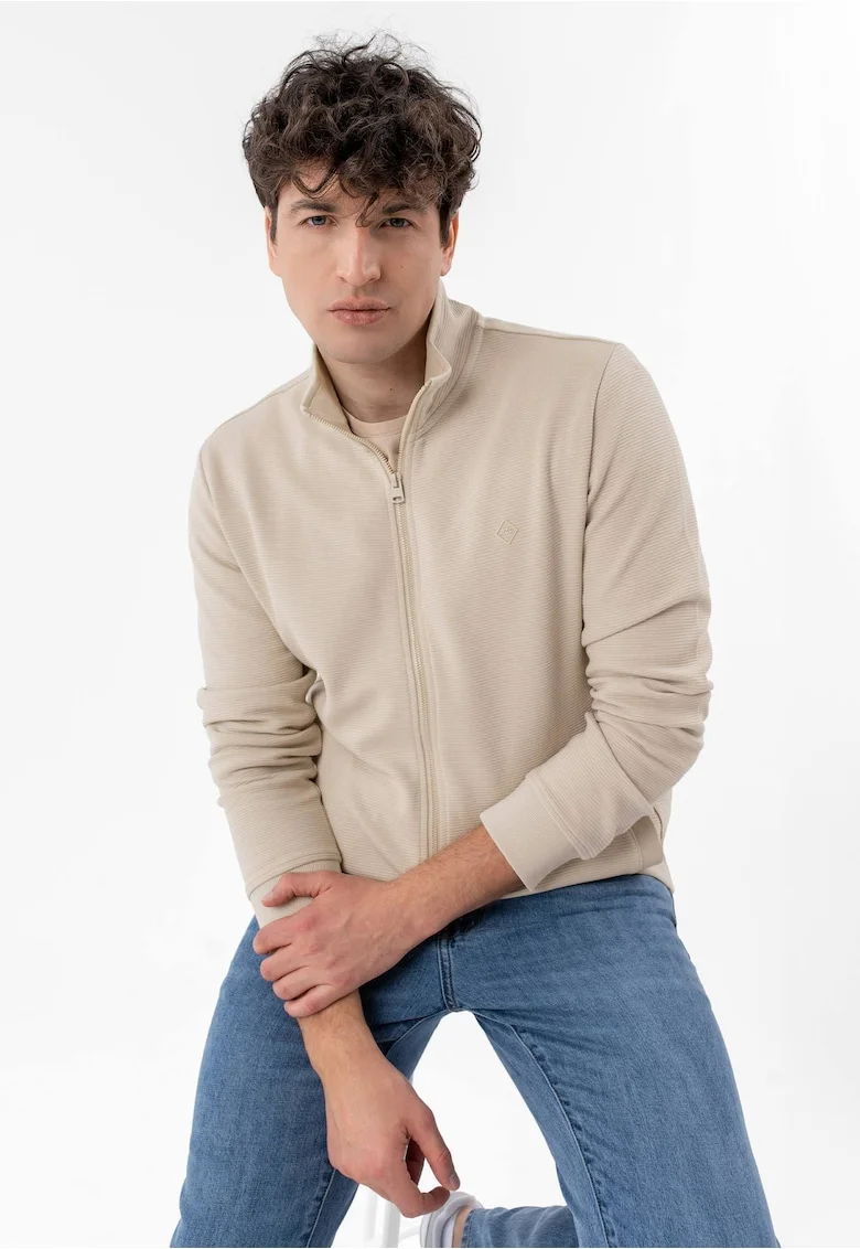 Bluze de trening din bumbac cu fermoar, cu buzunare, uni, regular fit,  B-Stripe, Bej