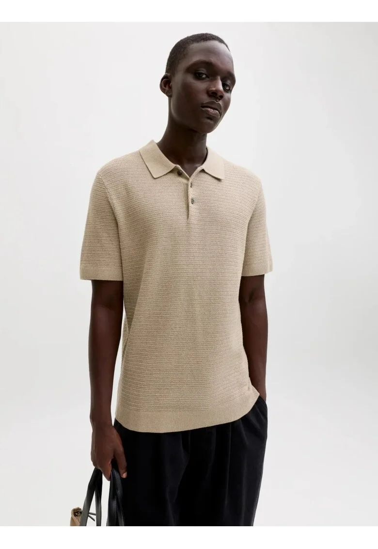 Tricou polo cu aspect tricotat, Bej