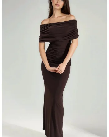 Rochie maxi,  fara bretele, maro, poliester/elastan