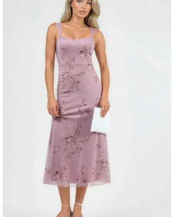 Rochie Midi,  Florala cu Guler Inima, Roz Aprins, Tricot